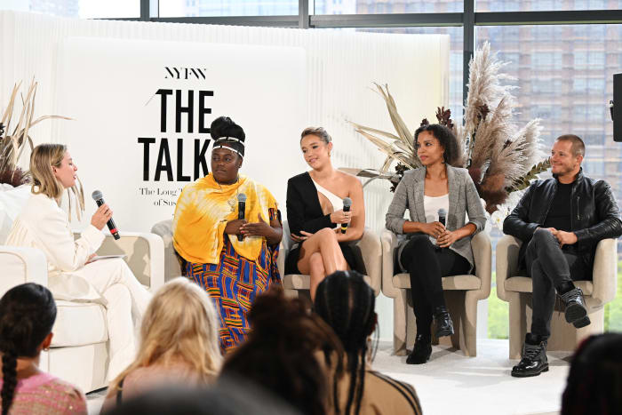 (L-R) Harper's Bazaar Digital Fashion/Features Director, Kerry Pieri, Co-founder, Studio One Eighty Nine & Director of Gromek Institute for Fashion Business at Parsons School of Design, Abrima Erwiah, IMG Model Olivia Ponton, Founder and Principal of Laura Hodges Studio, Laura Hodges and Lovesac Founder & CEO, Shawn Nelson speak onstage at NYFW: The Talks, The Long-Term Luxury of Sustainability, Presented by Lovesac during NYFW: The Shows 2022 at Spring Studios on September 11, 2022 in New York City.